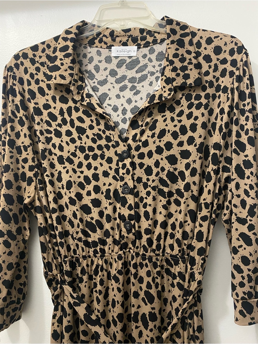 Kaileigh Tan and Black Spot Print Button-Front Long Sleeve Dress